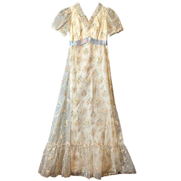 Vintage 70s Sheer Floral Maxi Dress Cottagecore Prairie Lace Puff Sleeve Gown XS - Picture 1 of 7